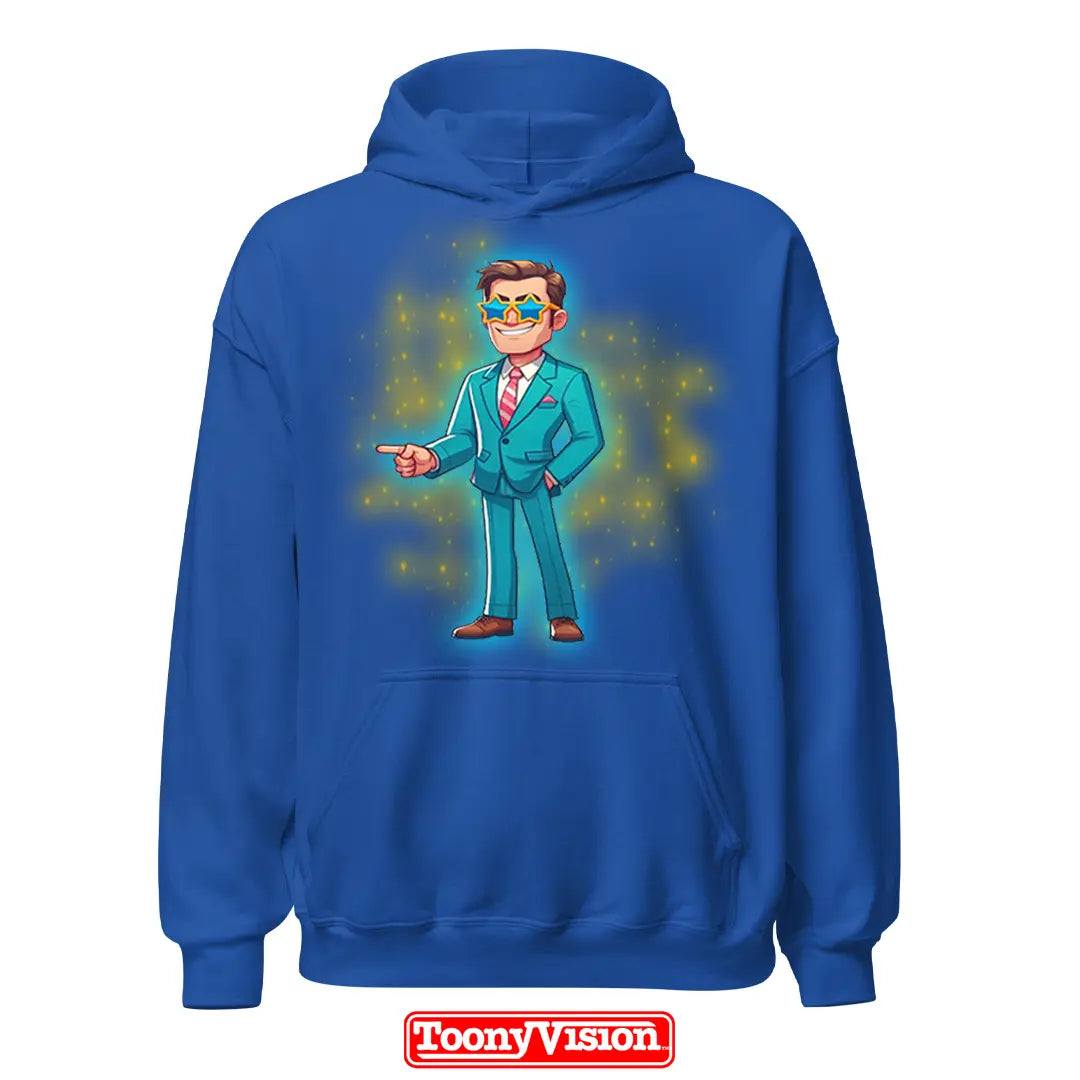 ToonyVision men’s custom birthday or holiday cartoon hoodie from photo with themed background scene and clean merch-style graphic print