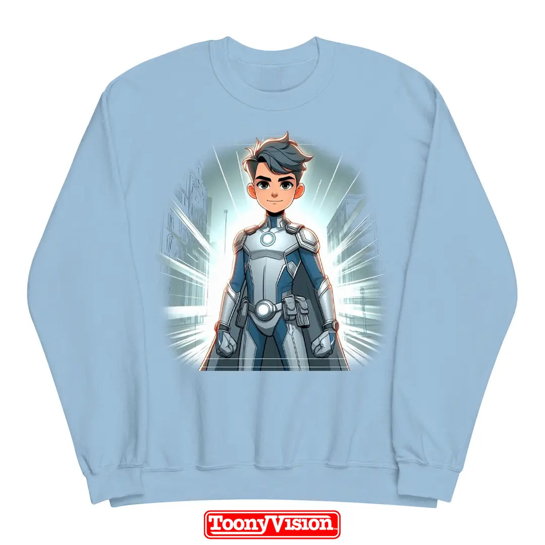 ToonyVision superhero boys youth crewneck sweatshirt with full-body cartoon character from photo and clean merch-style graphic print