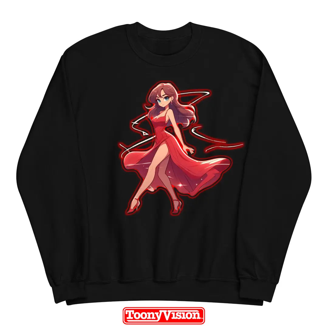 ToonyVision women’s superhero crewneck sweatshirt with full-body cartoon character from photo, clean pose outfit design, and merch-style print