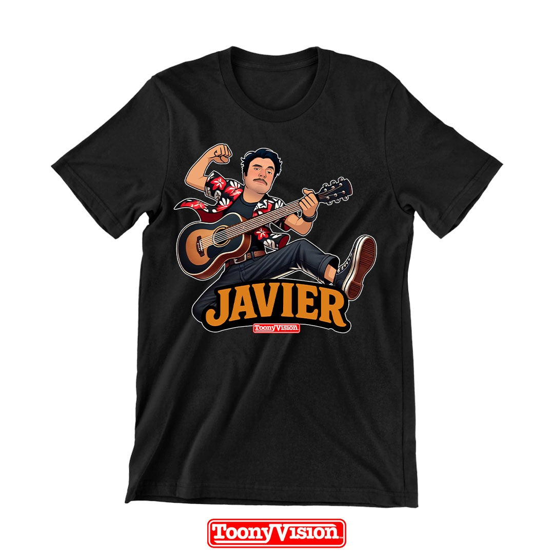 Black t-shirt with a graphic of a person playing guitar and the name 'Javier' on a white background.