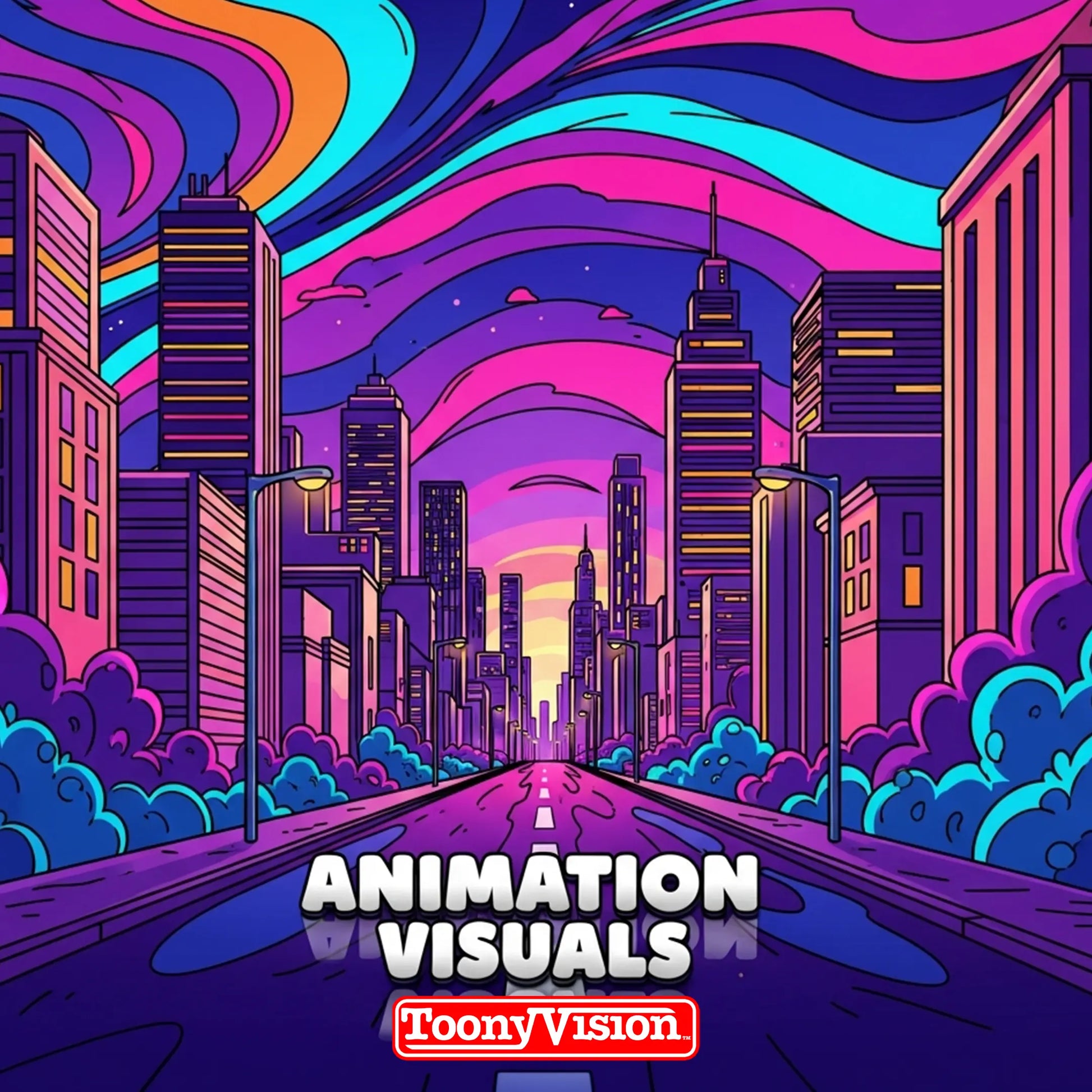 ToonyVision 15-second animation visuals promo with motion graphics or character, branded text, transitions, sound design, music, and optional voiceover.