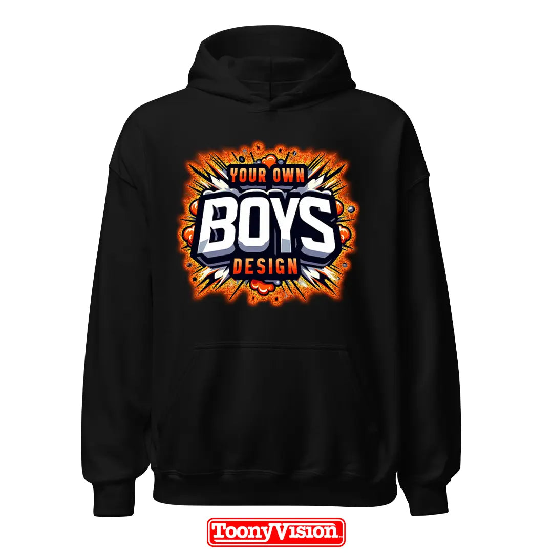 ToonyVision boys hoodie with his own design printed using heat transfer or DTF