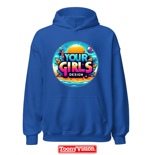 ToonyVision girls hoodie with her own design printed using heat transfer or DTF