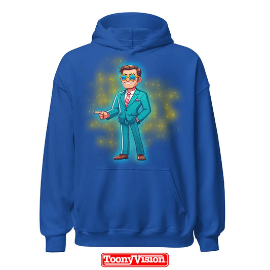 ToonyVision men’s custom birthday or holiday cartoon hoodie from photo with themed background scene and clean merch-style graphic print