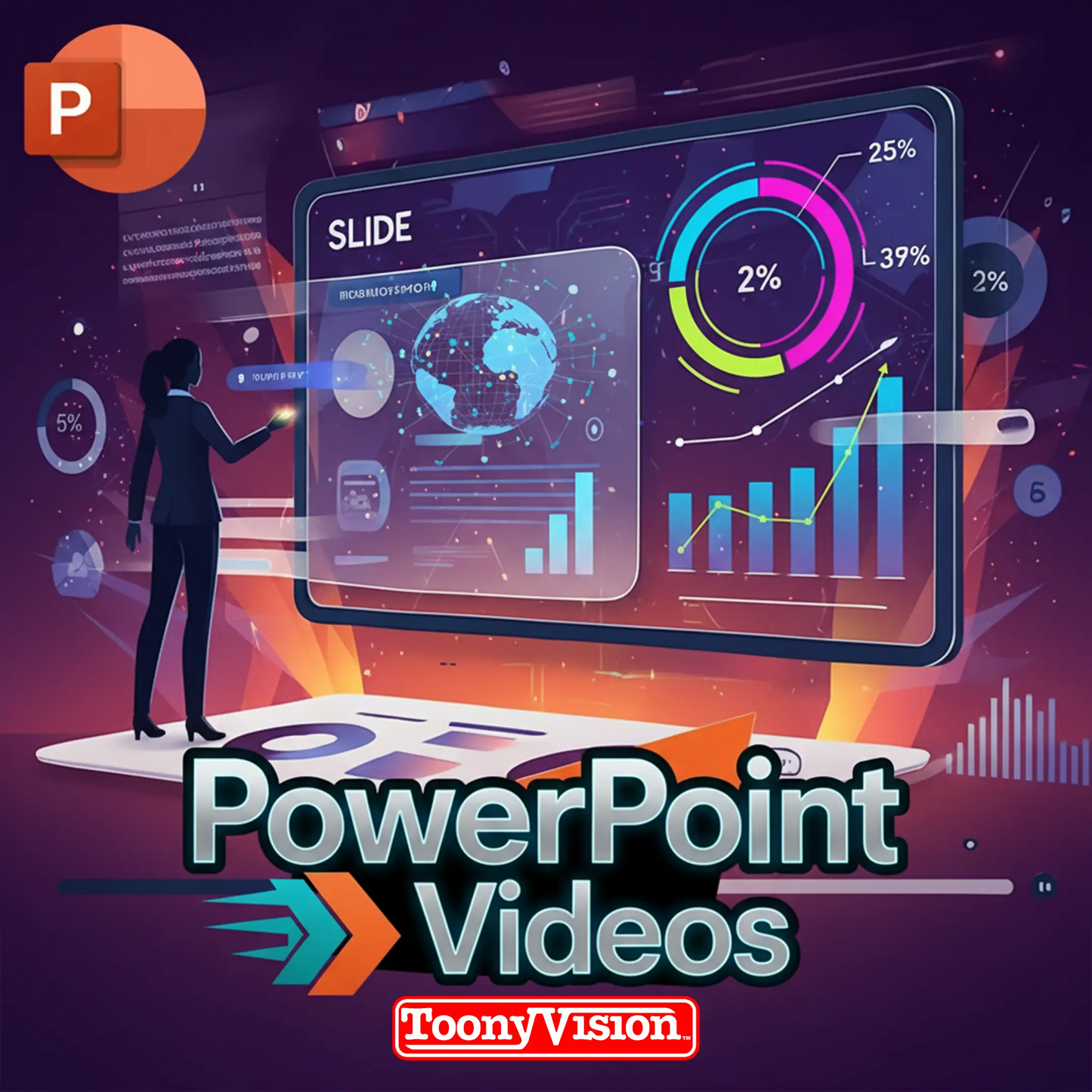 ToonyVision 30-second PowerPoint to video with animated slides, motion graphics, kinetic typography, voiceover, music, and branded pitch deck visuals