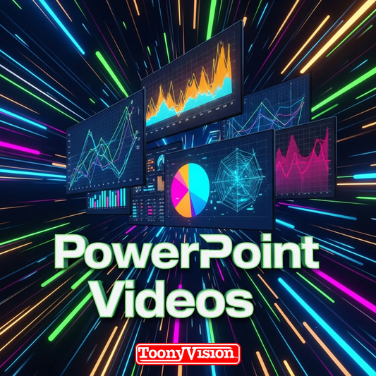 ToonyVision PowerPoint to video package with runtime options 30 seconds to 3 minutes, animated slides, motion graphics, voiceover, music, storyboard, and multiple formats