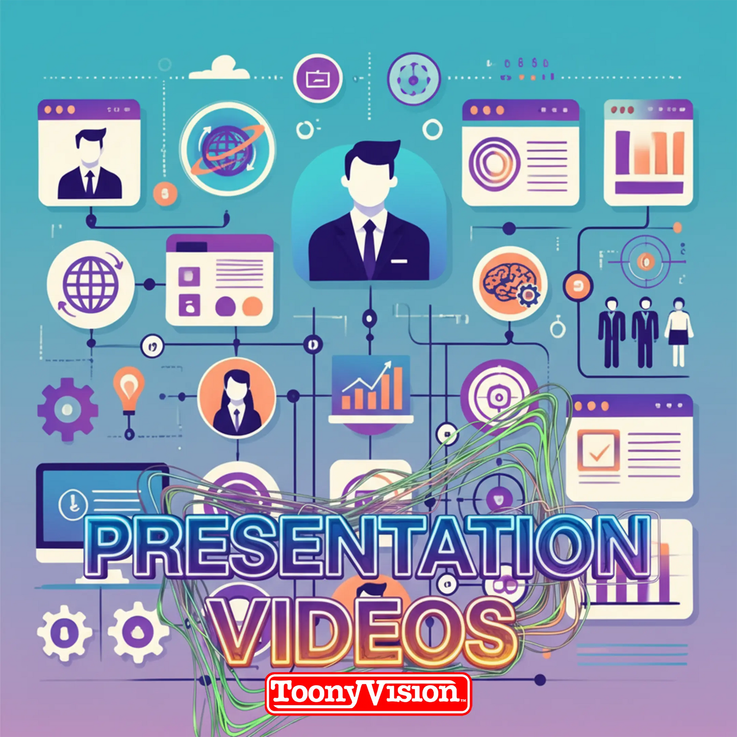 ToonyVision presentation video package with runtime options 30 seconds, 1 minute, 2 minutes, or 3 minutes for pitch deck and sales deck animation