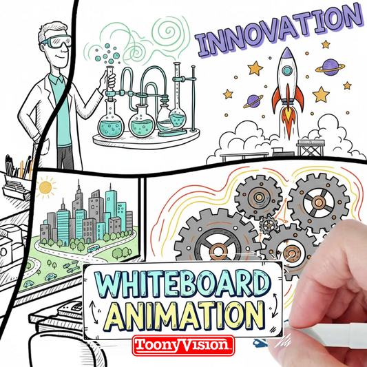 ToonyVision 1-minute whiteboard explainer video hand-drawn scribe style with storyboard and branding