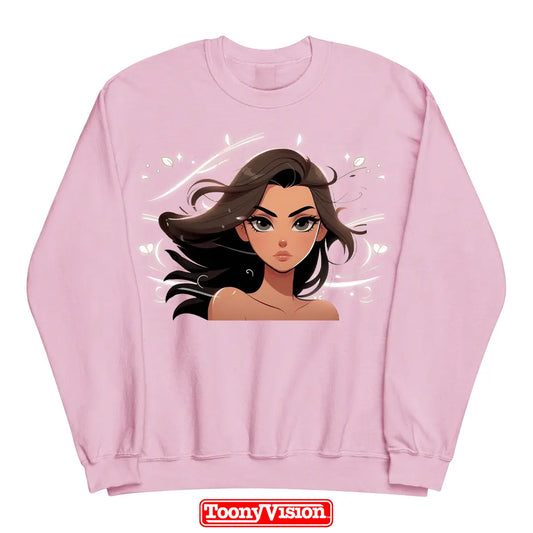 ToonyVision custom women’s crewneck sweatshirt with cartoon character art from photo and clean merch-style graphic print